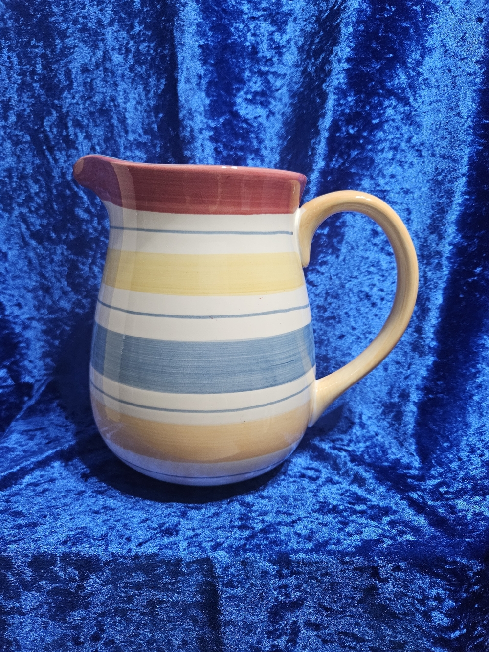 Hand-Painted Striped Ceramic Pitcher in Yellow, Blue and Red - Cambridge Pottery